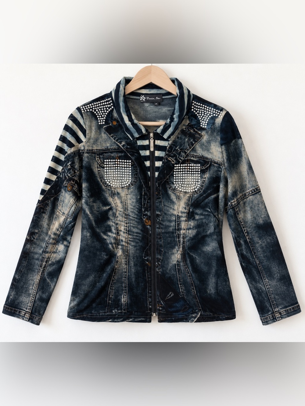 NWOT Damee, INC. Women’s Sheer Denim Print Zip-Up Top